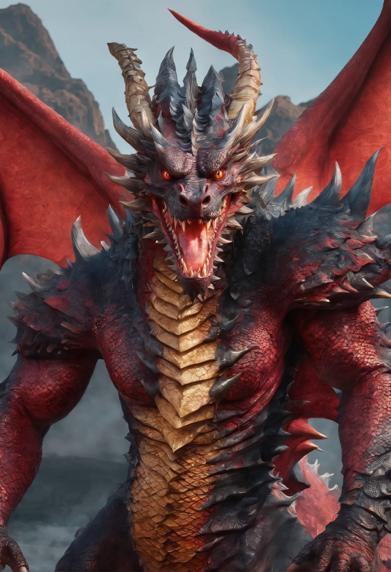 (Dragon celestial dorado) con (ojos penetrantes de color rojo),primer plano soltando (fuego de sangre) por la nariz,escamas bulumetricas,alta calidad,8k,muchos detalles,paticulas de fuego,alas,4patas,garraz manchadas,oro,peligro,fuego,dientes filosos,dragon gigante,colosal,amenazante,imponente,escamas azules
