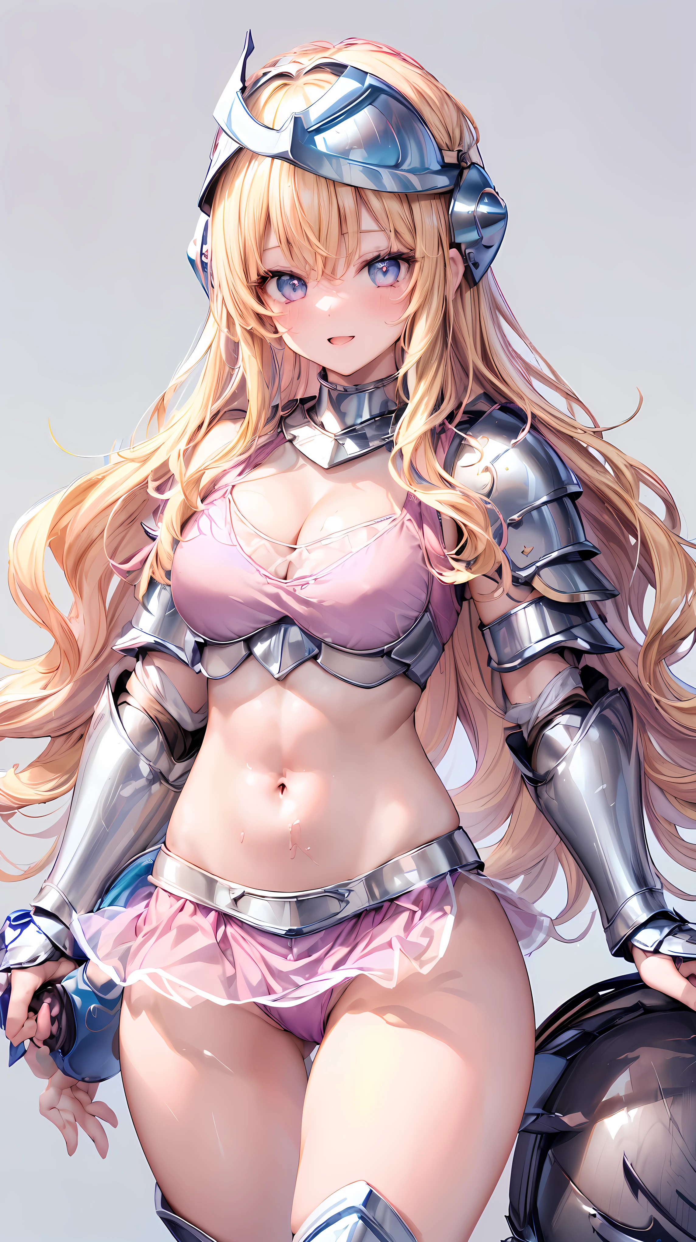 Very detailed、highest quality、Best image quality、masterpiece、8k、Anime Face、A kind smile、Open your mouth、Sparkling blue eyes、(Blonde wavy hair:1.5)、、Muscles of the whole body、camisole、Thigh belt、mini skirt、(Wearing pink bikini armor:1.5)、(Cowboy Shot:1.5)、(Leg armor:1.5)、(Wearing a helmet:1.5)