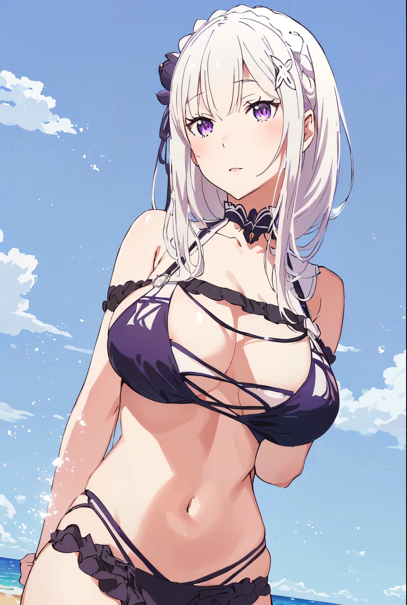 Emilia re:zero, purple eyes, Emilia, crown braid, x hair ornament, flower hair ornament, white hair, long hair, ??????????????, anime girl in a ?????? posing on the beach, seductive anime girl, perfect white haired girl, attractive anime girl, 2b, 2 b, fine details. girls frontline, from girls frontline, best anime 4k konachan wallpaper, beautiful alluring anime woman, 2b nier automata, realistic ??????, white haired, beautiful anime girl, kantai collection style