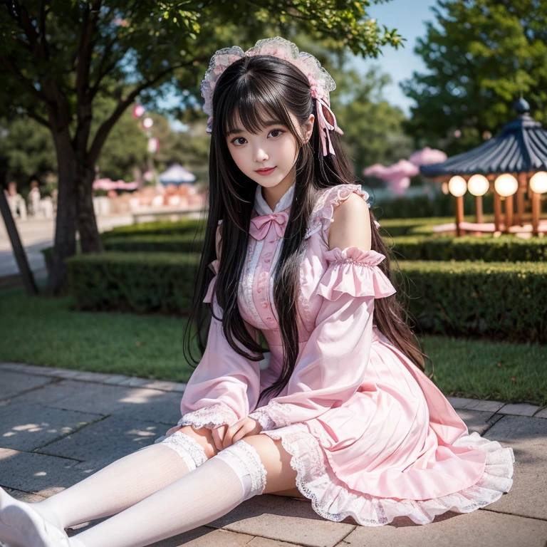 best quality, masterpiece, lifelike, 1 girl, Solitary, eternity, Black Hair, Long curly hair, Bangs, Smile, Pink skirt, Pink loli dress, layered skirt, Lolita style long skirt,分層連衣裙 Lace-trimmed 裙子, decorate, Lace, Long sleeve, Puff sleeves, Wide sleeves, Transparent sleeves, Hair accessories, 在flower园里, flower, Detailed background,  Delicate face，pink blush，White，Knee socks, Pink shoes，cold，Lots of Lace，((​masterpiece))、(top quality)、8k、High Detail、Ultra Detailed、 night、21 years old female，穿着Pink loli dress((Dreamy atmosphere:1.1))、Seductive and whimsical style、​masterpiece、born、Scenes resembling fairy tale illustrations、Intricate details showcase the ruffles and intricate designs of the Lolita dress、fine、magic、capricious、 fine、Dreamy aesthetics、「art itself、ethereal、charming、fickle、magic」、realism、Visual effect、FXAA、SSAO、shader、voiceless、Ambient Lighting、Tone Mapping、high resolution、Ultra HD、Million pixels、(8k resolution:1.10)、8k、Below 8k、8k resolution、High Detail、Intricate details、A look of surprise and awe on her face、 (high quality:1.2、​masterpiece:1.2、:1.21)、(21 years old female:1.21)、(興奮地Smile)、(Surrounded by the Dreamy atmosphere of an amusement par色洛丽塔连衣裙、Her eyes were full of surprise and joy、I took a lot of geek photos、、High heel、Mucus、The slender one、Model Diagram，full-body shot，Knee-high White Lace socks,Sweet Lolita,sitting，Normal 2 feet，Pink shoes，Baotou shoes，full-body shot