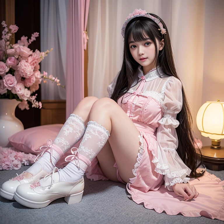 best quality, masterpiece, lifelike, 1 girl, Solitary, eternity, Black Hair, Long curly hair, Bangs, Smile, Pink skirt, Pink dress, layered skirt, Lolityle long skirt,分層連衣裙 Lace-trimmed 裙子, decorate, Lace, Long sleeve, Puff sleeves, Wide sleeves, Transparent sleeves, Hair accessories, 在flower园里, flower, Detailed background, Delicate face,pink blush,White,Knee socks, Pink shoes,cold,Lots of Lace,((masterpiece))、(top quality)、8k、High Detail、Ultra Detailed、 night、21 years old female,穿着Pink loli dreDreamy atmosphere:1.1))、Seductive and whimsical style、masterpiece、born、Scenes resembling fairy tale illustrations、Intricate details showcase the ruffles and intricate designs of the Lolita dresse、magic、capricious、 fine、Dreamy aesthetics、「art itself、ethereal、charming、fickle、magic」、realism、Visual effect、FXAA、SSAO、shader、voiceless、Ambient Lighting、Tone Mapping、high resolution、Ultra HD、Million pixels、(8k resolution:1.10)、8k、Below 8k、8k resolution、High Detail、Intricate details、A look of surprise and awe on her face、 (high quality:1.2、masterpiece:1.2、:1.21)、(21 years old female:1.21)、(興奮地Smile)、(Surrounded by the Dreamy atmosphere of an amusement par色洛丽塔连衣裙、Her eyes were full of surprise and joy、I took a lot of geek photos、、High heel、Mucus、The slender one、Model Diagram,full-body shot,Knee-high White Lace socks,Sweet Lolita,sitting,Nl 2 feet,Pink shoes,Baotou shoes,full-body shot
