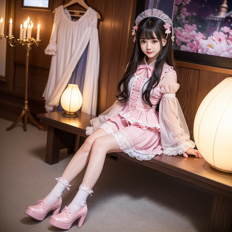 best quality, masterpiece, lifelike, 1 girl, Solitary, eternity, Black Hair, Long curly hair, Bangs, Smile, Pink skirt, Pink dress, layered skirt, Lolityle long skirt,分層連衣裙 Lace-trimmed 裙子, decorate, Lace, Long sleeve, Puff sleeves, Wide sleeves, Transparent sleeves, Hair accessories, 在flower园里, flower, Detailed background, Delicate face,pink blush,White,Knee socks, Pink shoes,cold,Lots of Lace,((masterpiece))、(top quality)、8k、High Detail、Ultra Detailed、 night、21 years old female,穿着Pink loli dreDreamy atmosphere:1.1))、Seductive and whimsical style、masterpiece、born、Scenes resembling fairy tale illustrations、Intricate details showcase the ruffles and intricate designs of the Lolita dresse、magic、capricious、 fine、Dreamy aesthetics、「art itself、ethereal、charming、fickle、magic」、realism、Visual effect、FXAA、SSAO、shader、voiceless、Ambient Lighting、Tone Mapping、high resolution、Ultra HD、Million pixels、(8k resolution:1.10)、8k、Below 8k、8k resolution、High Detail、Intricate details、A look of surprise and awe on her face、 (high quality:1.2、masterpiece:1.2、:1.21)、(21 years old female:1.21)、(興奮地Smile)、(Surrounded by the Dreamy atmosphere of an amusement par色洛丽塔连衣裙、Her eyes were full of surprise and joy、I took a lot of geek photos、、High heel、Mucus、The slender one、Model Diagram,full-body shot,Knee-high White Lace socks,Sweet Lolita,sitting,Nl 2 feet,Pink shoes,Baotou shoes,full-body shot