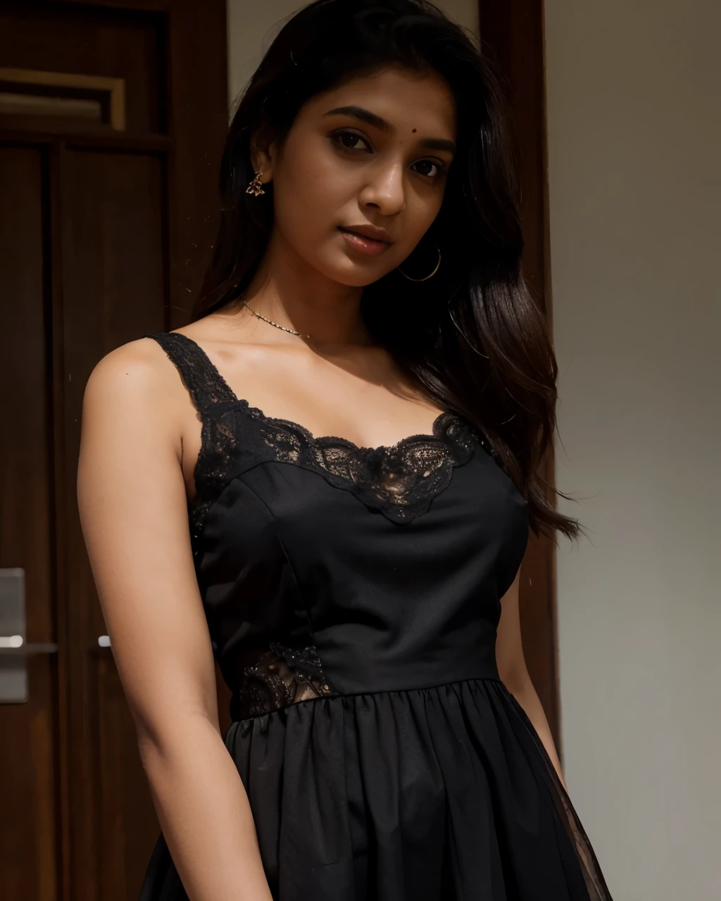 Tanvi in a little black dress with lace detailing. Realistic, best quality image.