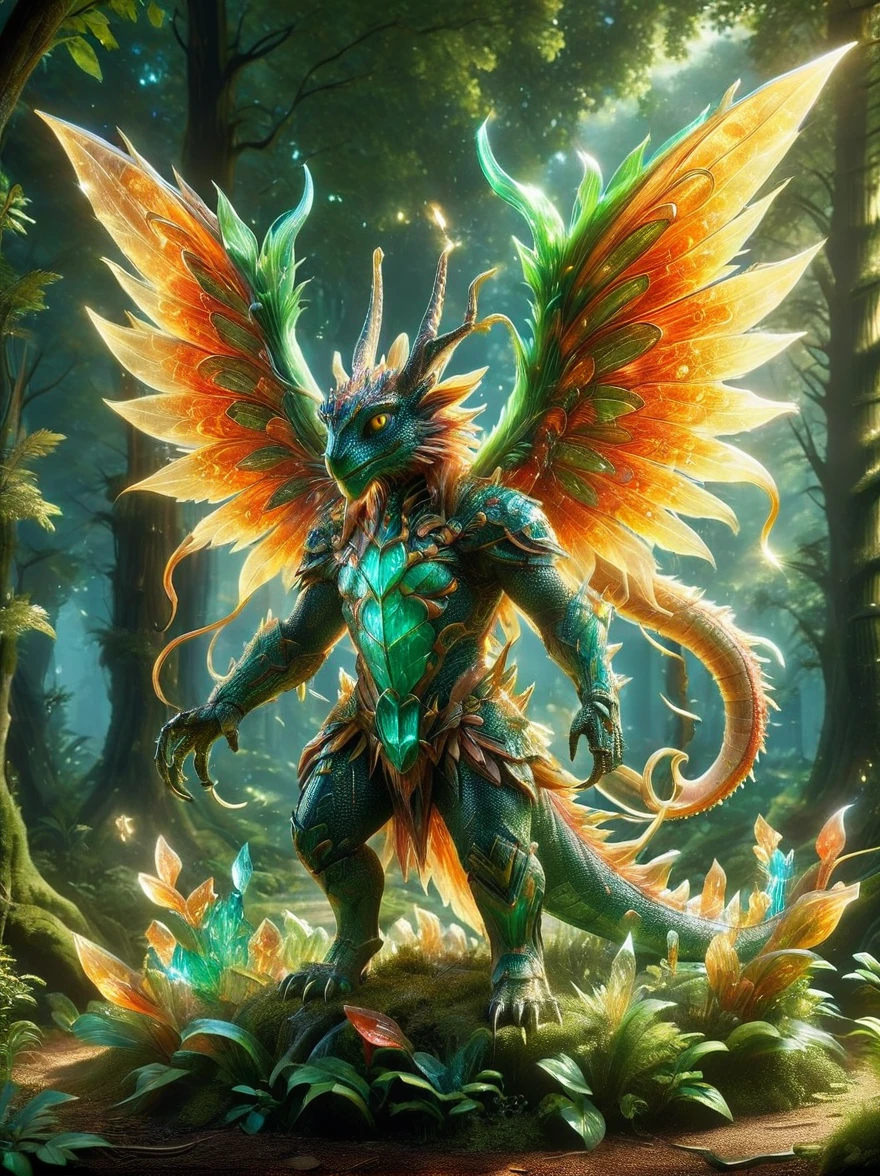 A creative depiction of a whimsical creature inspired by creatures from popular card-based games. The creature is entirely made up of glass, illuminating in the sunlight with a variety of colors reflecting off its surface. Its body resembles those of chimerical beasts, with elements of various animals combined. It has the wings of a bird, legs of a mammal, and a long tail which can possibly be seen as reptilian. As it glows, the glass creature stands majestically against a backdrop of a lush green forest, the shining beacon amidst nature's splendor.