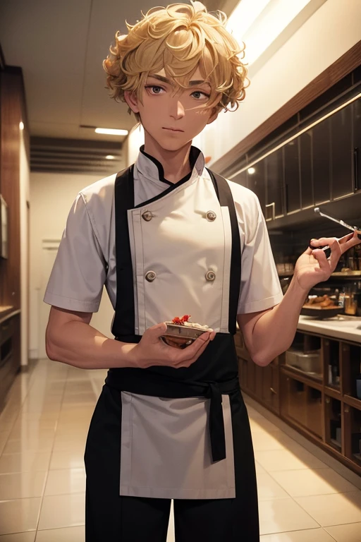 A blond, black-legged chef with curly eyebrows and a cigarette in his mouth