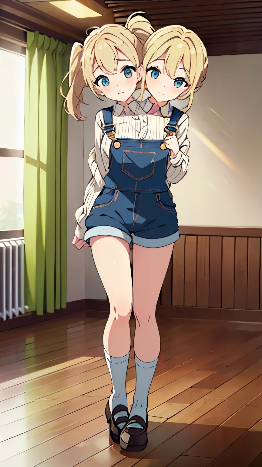 best quality, (masterpiece),(ultra-detailed), (high quality), (high resolution), (2heads:1.5), shoes with long socks, blue overalls, white shirt with red stripes, ponytail, blonde hair, ((petite figure)), standing up, full body, short girl,