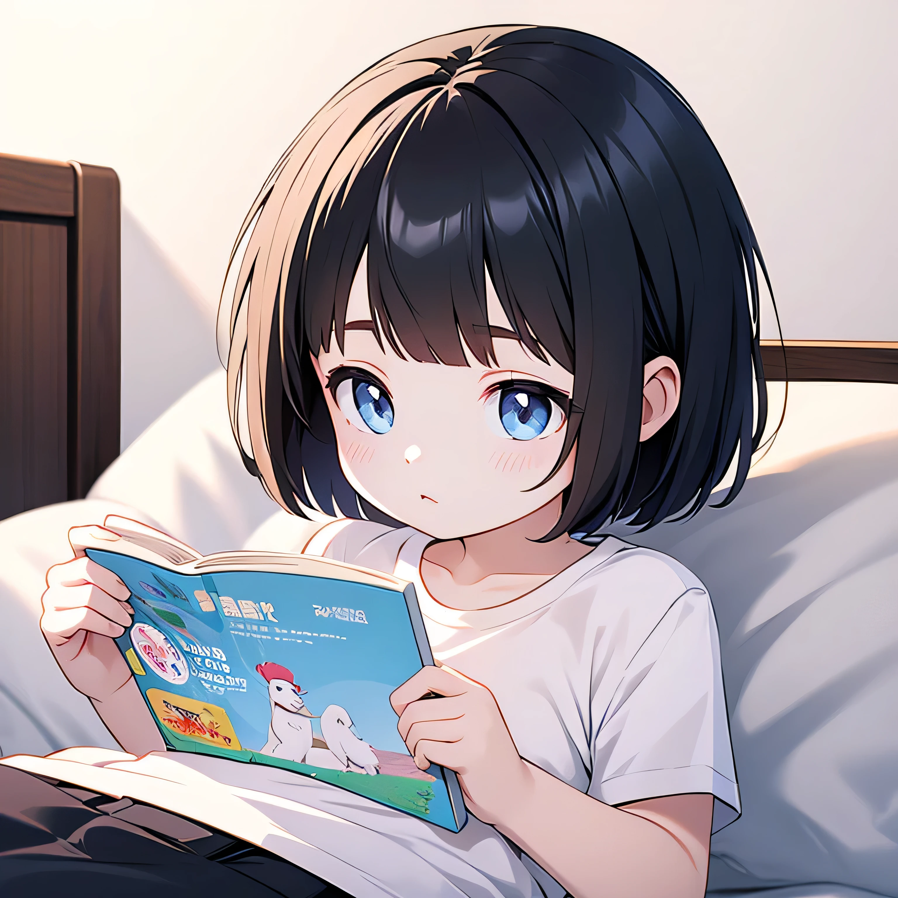 upper body,baby,black hair,Close-up of the back of a  reading a picture book in bed,white T-shirts,solid,white background,bob cut,short hair,
