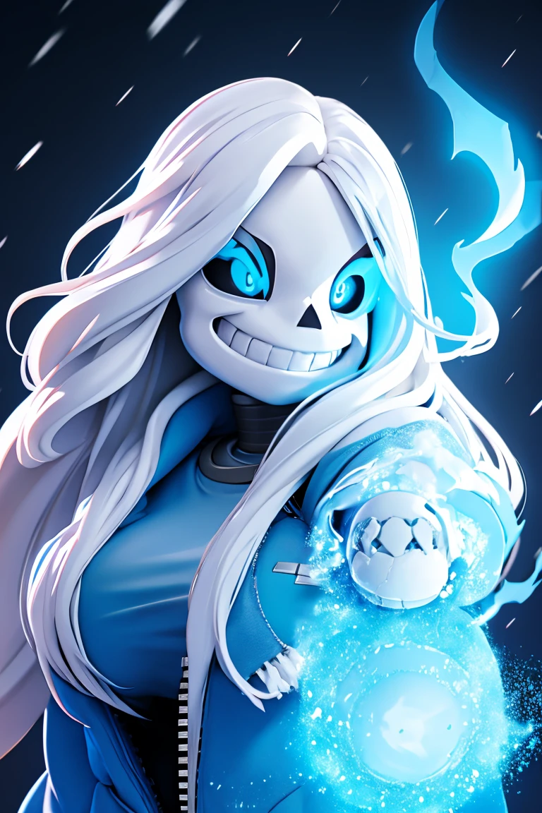 Sans Undertale Blue Jacket ,Fire eyes skull smile white long hair glowing snow sexy Super huge breast enlargement full-body shot