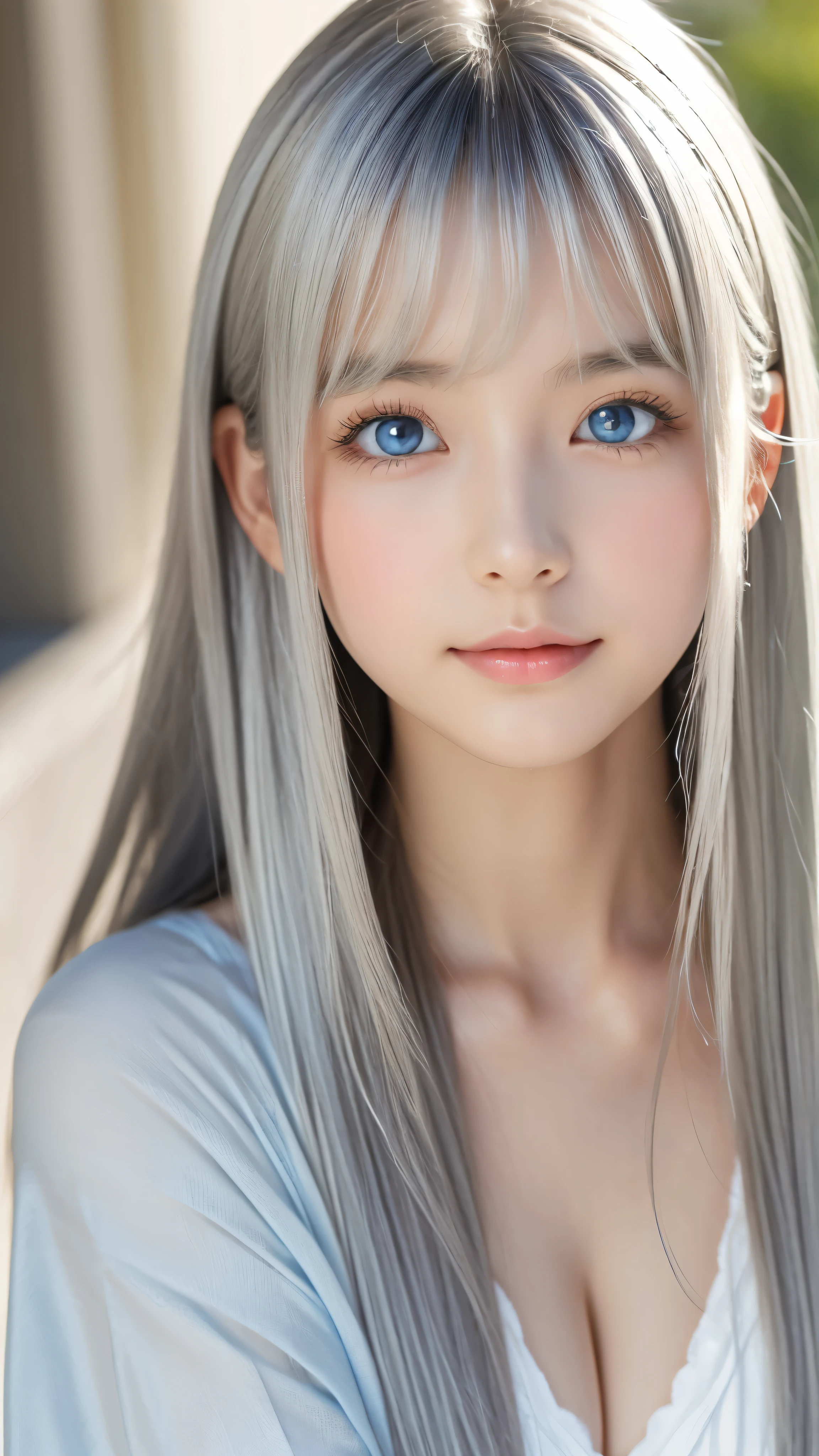 Shining, clear, white skin、Her windblown silver hair hides her beautiful face.、huge、Sexy beautiful face of 28 years old、Beautiful straight hair that stands out、growing up, Sparkling light blue eyes、Sexy long silky bangs covering the eyes, Sexy young woman with super long hair hiding her sexy face、Shining silver hair、(((Sexy Woman)))、The cleavage is visible