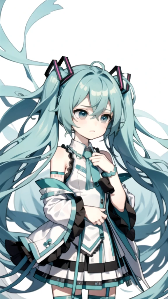 best quality, chibi, 1 girl, miku, Hatsune Miku, (full body), Pure white background,Vivid,clearly,sad face,rain