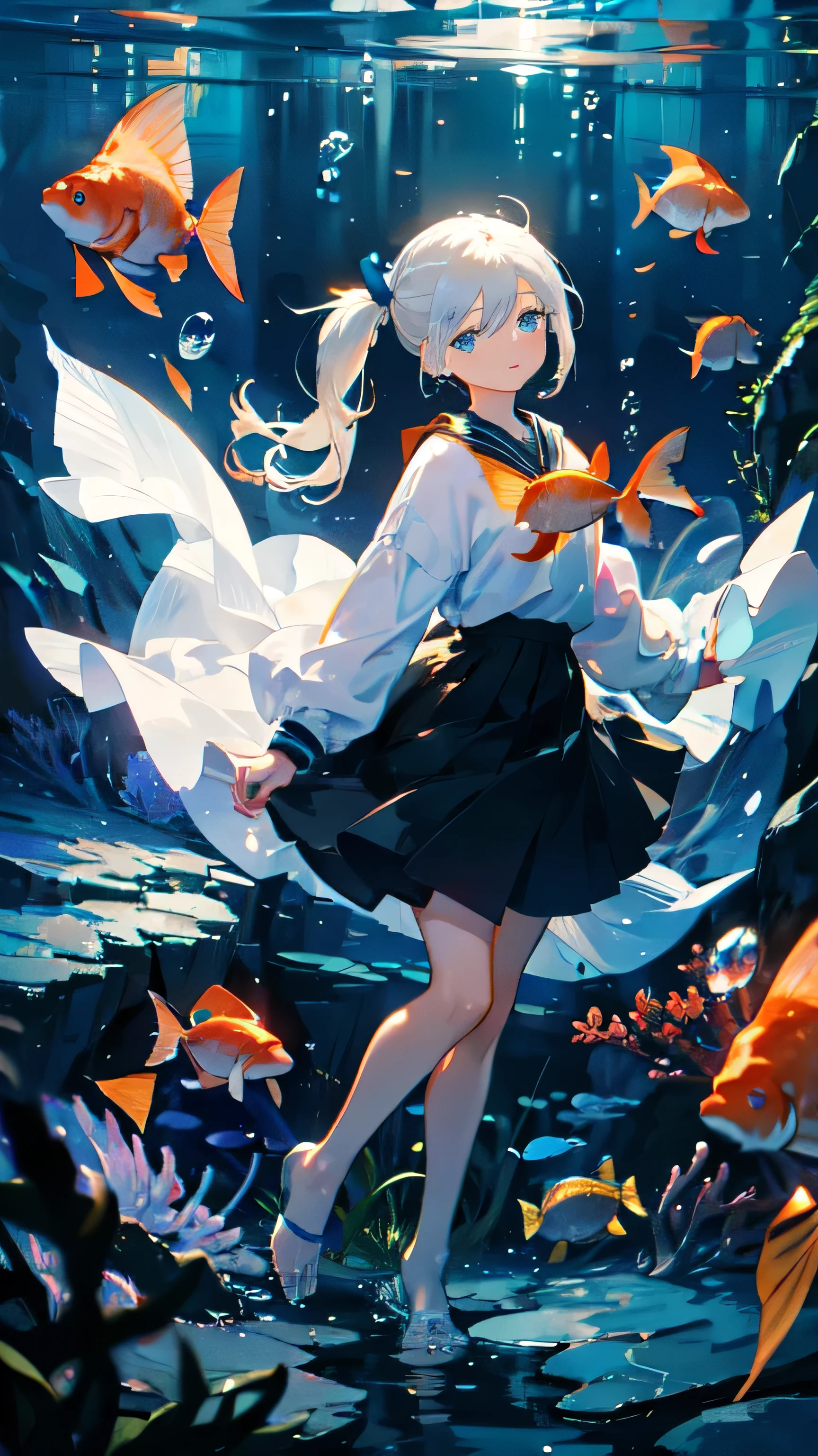 (muste piece), (best quality), very detailed, 1 girl, Solo Full Body Shot, perfect face, beautiful girl, very detailed顔,(long white ponytail:1.5),(blue eyes:1.4),(float:1.4),(in water:1.4),seabed,bubble,School of small fish,Light,jellyfish,seaweed,Red fish,Yellow fish,deep sea,fantasy