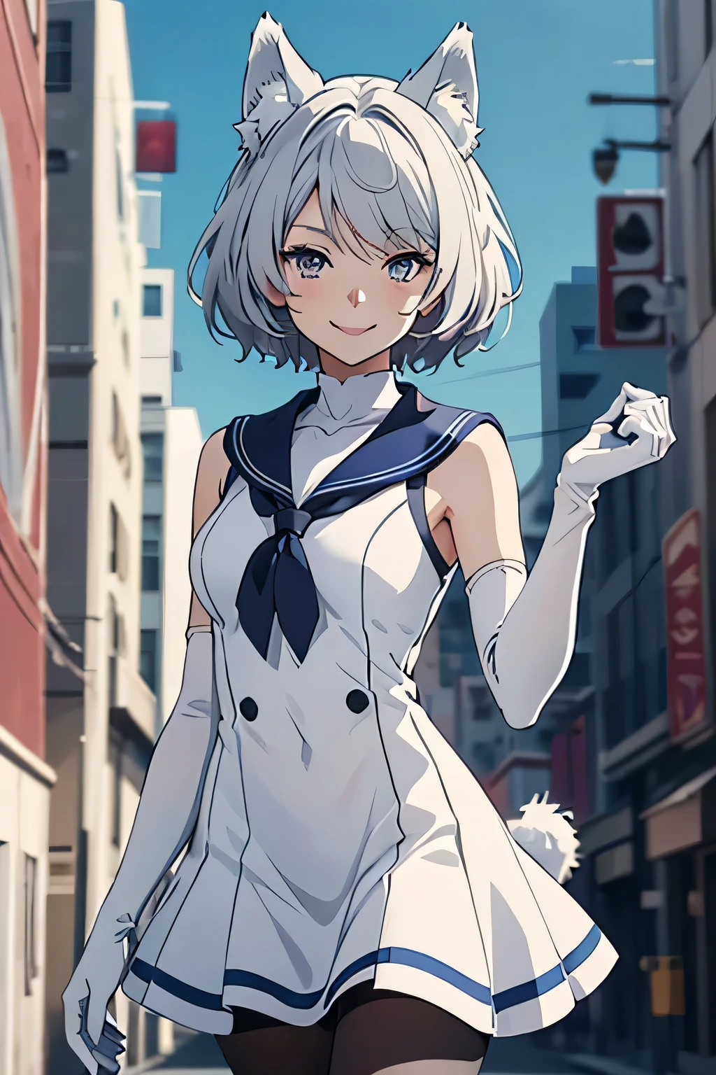 Tabletop Best image quality wonderful Attention to detail One Young Woman((Adult))Anime Style White Sailor Suit(Sleeveless)Navy blue mini skirt snow-white gloves(Elbow Gloves) White hose(Plain) Wolf Ears short hair((Shortcuts)(Gray Hair)(Curly Hair)(fluffy)) smile(Happy) Eye color is blue background(Building district)
