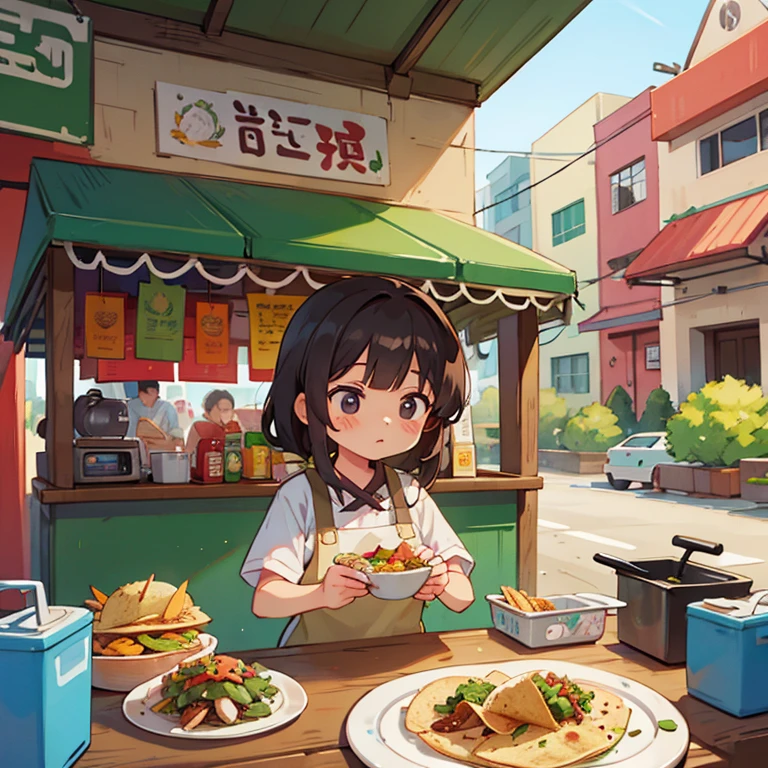 Girl making tacos at a Mexican food stall