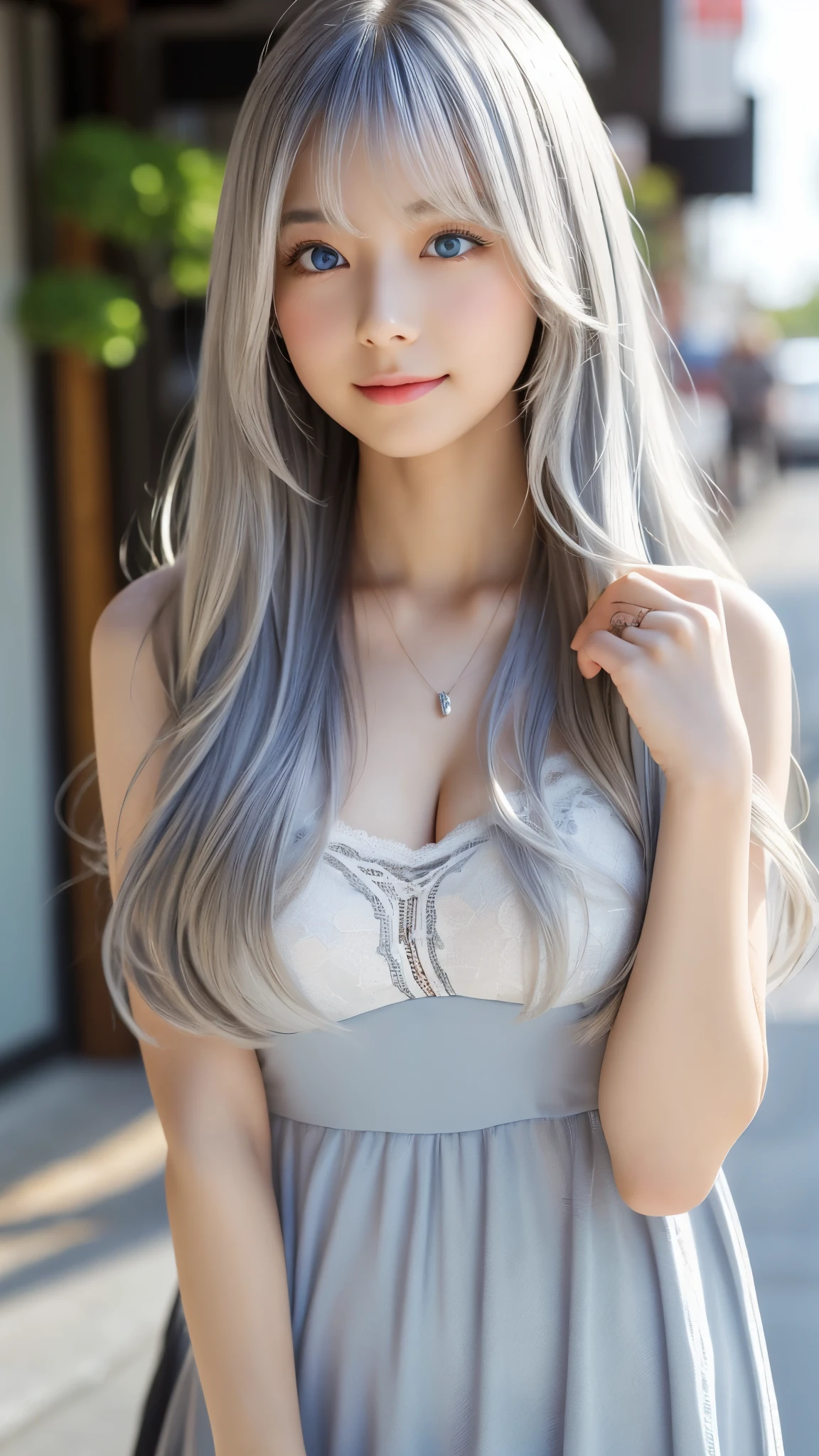 Shining, clear, white skin、Her windblown silver hair hides her beautiful face.、huge、Sexy beautiful face of 28 years old、Beautiful straight hair that stands out、growing up, Sparkling light blue eyes、Sexy long silky bangs covering the eyes, Sexy young woman with super long hair hiding her sexy face、Shining silver hair、(((Sexy Woman)))、The cleavage is visible