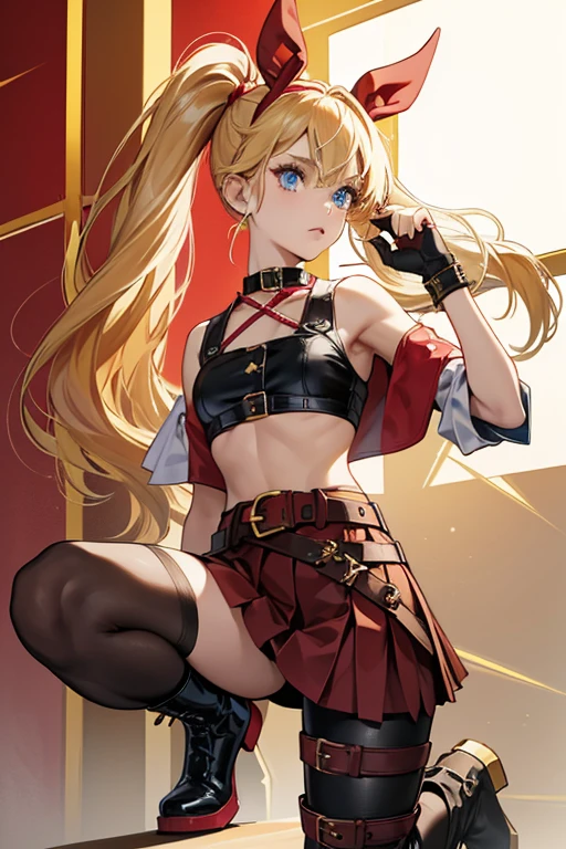 Lucky Chloe is shown to have long, possibly ankle-length blonde hair tied into two mid-centered ponytails.  She has blue eyes. is punk-themed, a short-sleeved leather crop top with a large belted collar over a white button-up crop top. She also wears elbow-length fingerless gloves that are belted at the end and have spiked, gold cuffs. On her lower body is a red, pleated skirt with a large belt sporting a skull on the buckle. Underneath the skirt are strapped, asymmetrical, black and brown leather pants with red accents and golden buckles. She wears white boots with red toes and black sole. SPARKLE; GLITTER