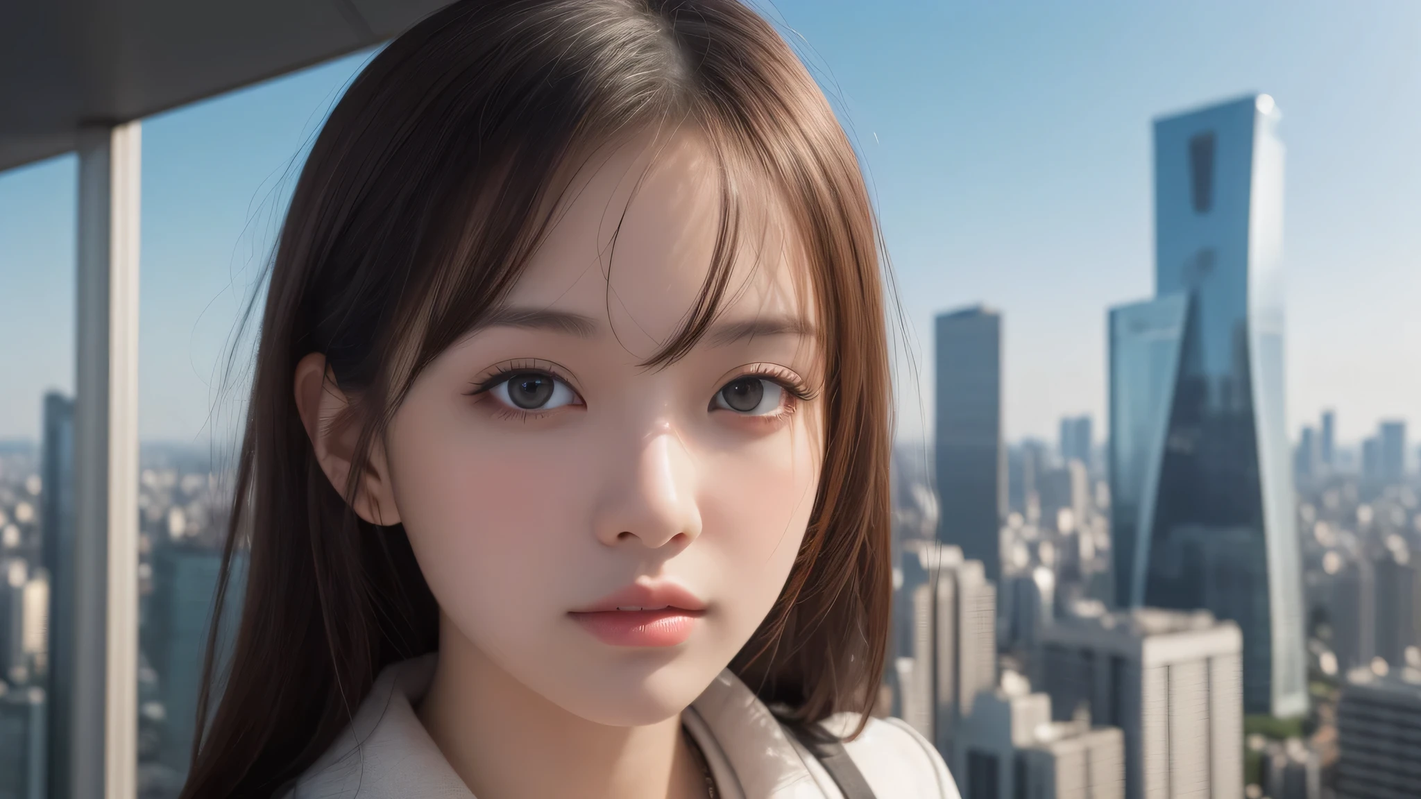 (1girl), (Best Quality:1.4), Realistic, extremely detailed CG unified 8k wallpaper, highly detailed, High-definition raw color photos, professional photography, Realistic portrait, Beautiful detailed, (Fine face:1.2), Close up portrait of girl, Outdoors, Beautiful scenery, clear skies, from the top of a high-rise building, Tokyo Tower, Sky Tree