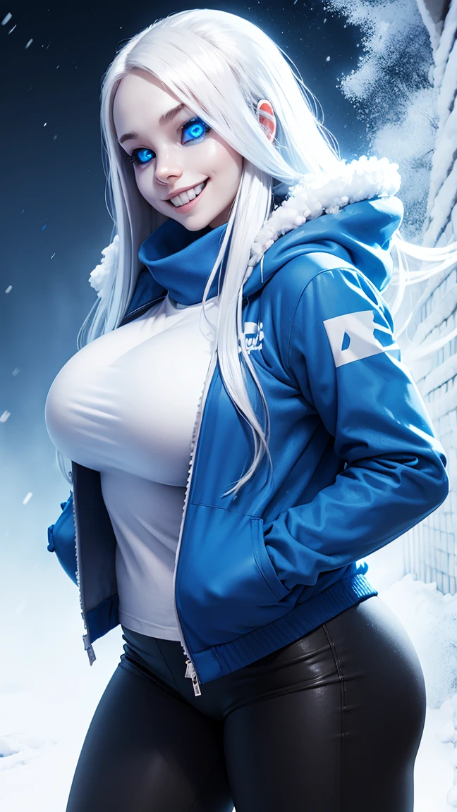 Sans Undertale Blue Jacket ,Fire eyes skull smile white long hair glowing snow sexy huge breast enlargement full-body shot
