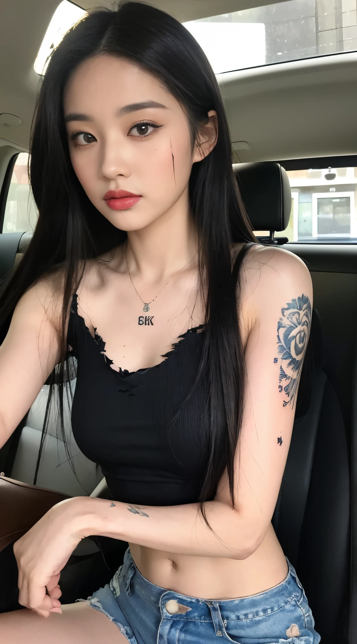 ((Top quality, 8k, Masterpiece: 1.3)), tattooed model. tattooed skin. (Chinese aunt. 36 years old), body slim thin captivating. ((long black hair)) necklace. (Shorts Torn torn. Tank top_Stand. On the car door), ultra-detailed face, highly detailed lips, detailed eyes, double eyelids, make-up face. Orange lipstick