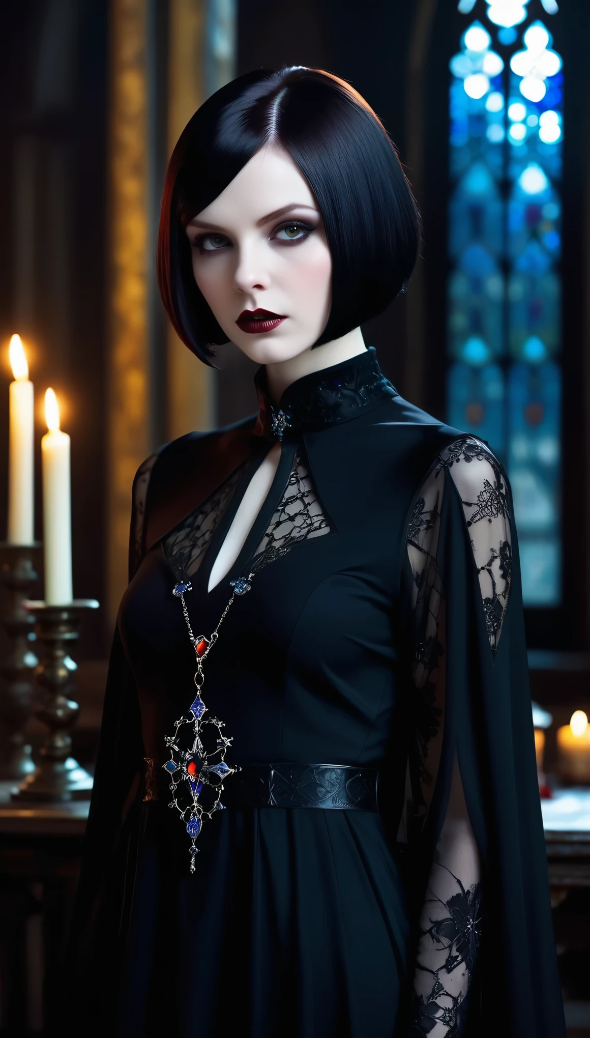 Millefiori glass style,(high quality: 1.3), movie shot, masterpiece, (Clear focus: 1.5), (Reality: 1.3), Medium Portrait (A beautiful young vampire woman, Pale skin, Gothic, Still proud and fierce, Black Straight Short Bob Hairstyle, Dark appearance, Wearing a very fine dark tunic, Dark atmosphere, Instead, it uses sharp contrasts of light and dark to create shapes.), It&#39;s night, (Very delicate skin), (Delicate face),  Detailed background, dark lights, Dusk lighting, Volumetric Lighting, Intricate details, Ultra HD,