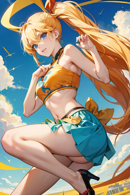 Lucky Chloe is shown to have long, possibly ankle-length blonde hair tied into two mid-centered ponytails. She has blue eyes. consists of an orange modified cheongsam top with golden trim, decorated with gold clouds, and a teal bikini top. She wears an orange skirt that also bears gold trim and cloud patterns, black stockings, and red heels with a bow and ankle strap. SPARKLE; GLITTER