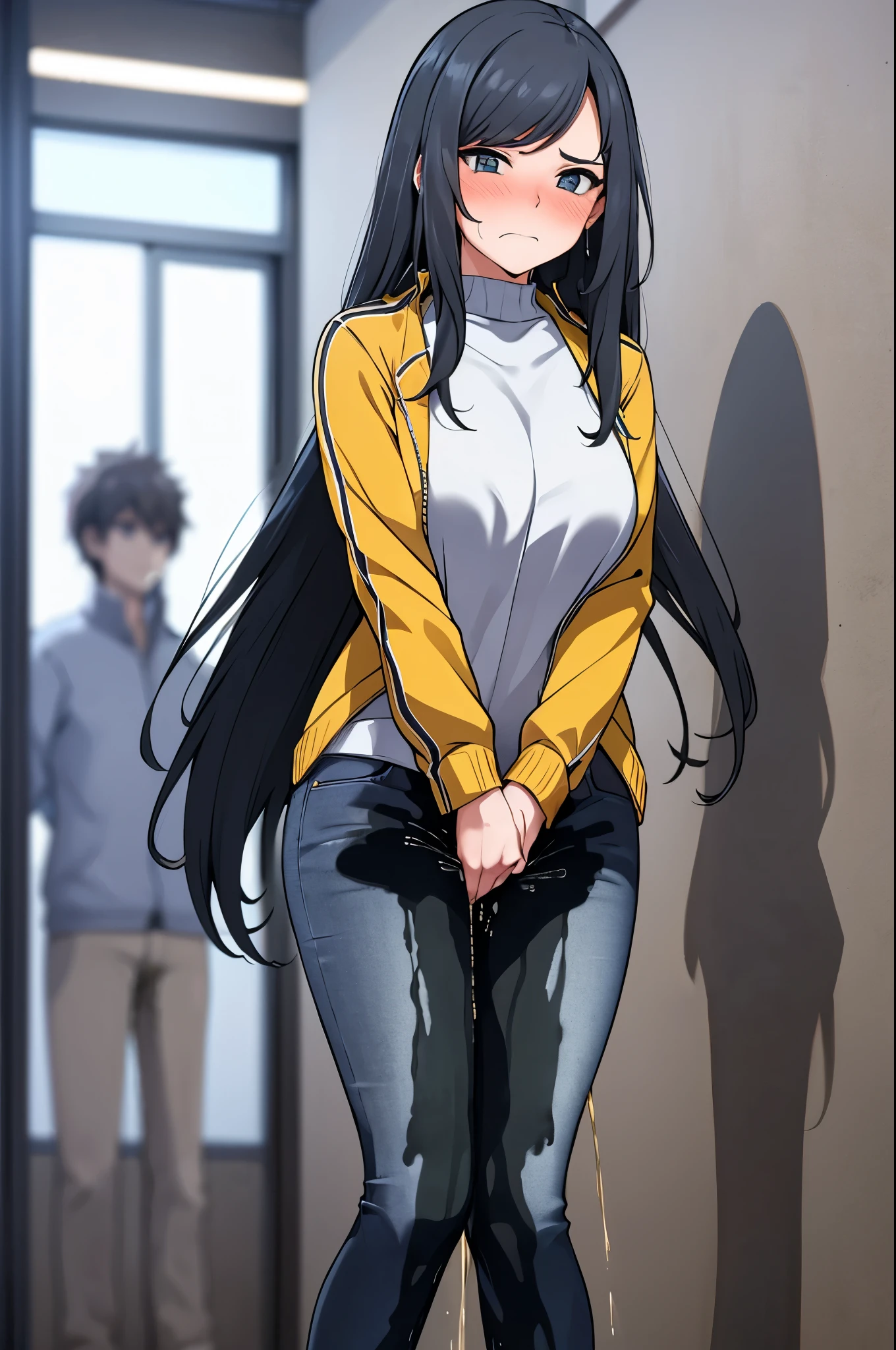 A woman with very long black hair and (very long bangs:1.5), wearing a stylish jacket and tight jeans, standing. The artwork is inspired by manga and incorporates a doujin style. The woman appears to be (wetting herself:1.5), which causes her to feel embarrassed and humiliated, resulting in a blush on her face. In addition, there is an air of anger in her expression. The lighting in the scene is moody, with a spotlight highlighting the woman's figure. She is crossing her arms, (arms crossed:1.5), fully showcasing her jeans., large breasts