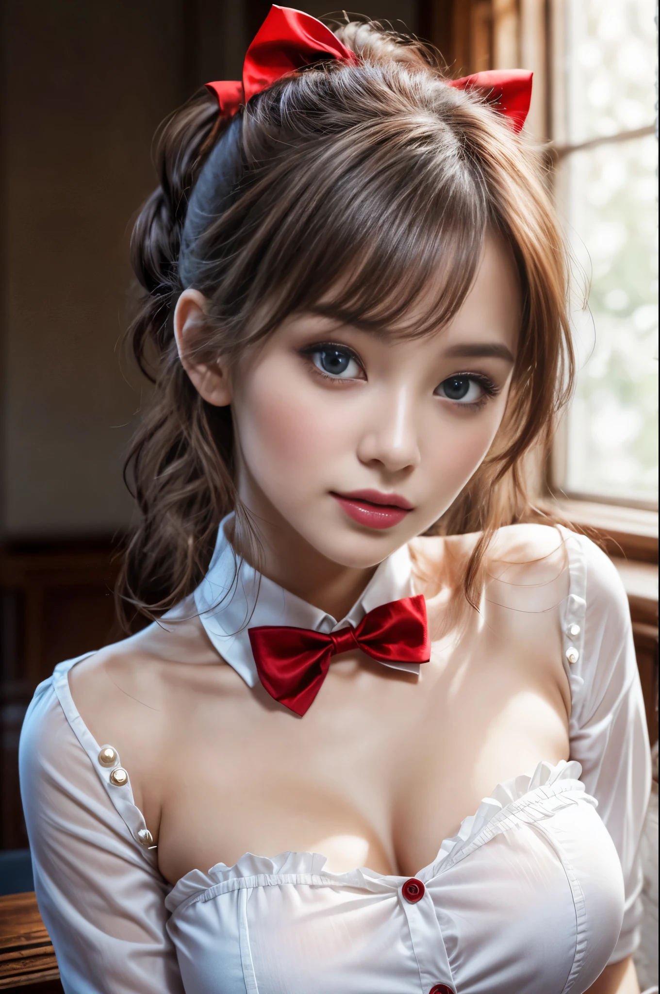 8k, Hi-res, HQ, masterpiece, photorealistic, in frame,A (close up:1.2) portrait of a girl wearing (white button shirt with red bow tie on neckline:1.2), seductive expression, alluring gaze, beautiful face, mesmerizing grey blue eyes, luscious lips, ponytail blond hair, erotic pose, sensual atmosphere, soft skin, exquisite details, captivating beauty, confidence, elegance and charm, all eyes on her, desirable, irresistible temptation, sultry mood, enticing allure, sizzling sensuality, enticing curves, feminine grace, teasingly erotic, captivating curves, naughty innocence, forbidden desire, unrestrained passion, creamy complexion, inviting gaze, bewitching smile, curvaceous silhouette, slender posture, skinny body, collarbone, perfect hand, playful imagination, intimate moment, photon mapping, natural lighting, cool color, aesthetic, unique, facing forward, head only