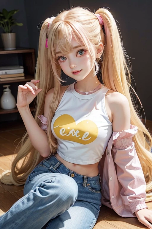 A long-haired doll sits on a white floor、Have a pink heart, Ball jointed doll, Art Doll, Rena Nainen style 3/4, wavy hair blonde drowning yellow theme, Cute shirt and jeans, Wearing a yellow crop top, Just a Skydoll, Dollpunk, Dollfie Dream, pink twintail hair and pink eyes, Pink and Yellow, Anime Dolls, Smiling cute expression