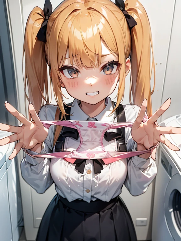 One girl,
Laundry room,washing machine, Laundry basket, a few underwears are in a Laundry basket,
Blonde, {{{Half Twin Tail:1.3}}}、break,blush, bow, 赤いbow, Long sleeve, shirt, 襟付きのshirt, skirt, プリーツskirt, 黒いskirt, Small breasts,
{{{Face close-up}}},Upper Body,,Pay attention to the panties,Quality underwear,
Look down,View your viewers,
Panties as a gift,
Tabletop, highest quality, , Absurd, Perfect Skin, Detailed skin texture, Ultra-detailed, 8k, Intricate details, Beautifully detailed face,High resolution,
{{{Shadowed face}}}, mock, {{{Grit your teeth:1.2}}}, Grin, smile, Looking down at the viewer, masterpiece,Absurd, Beautiful detailed face when viewed from the front,