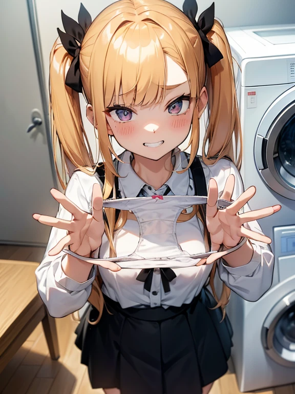 One girl,
Laundry room,washing machine, Laundry basket, a few underwears are in a Laundry basket,
Blonde, {{{Half Twin Tail:1.3}}}、break,blush, bow, 赤いbow, Long sleeve, shirt, 襟付きのshirt, skirt, プリーツskirt, 黒いskirt, Small breasts,
{{{Face close-up}}},Upper Body,,Pay attention to the panties,Quality underwear,
Look down,View your viewers,
Panties as a gift,
Tabletop, highest quality, , Absurd, Perfect Skin, Detailed skin texture, Ultra-detailed, 8k, Intricate details, Beautifully detailed face,High resolution,
{{{Shadowed face}}}, mock, {{{Grit your teeth:1.2}}}, Grin, smile, Looking down at the viewer, masterpiece,Absurd, Beautiful detailed face when viewed from the front,