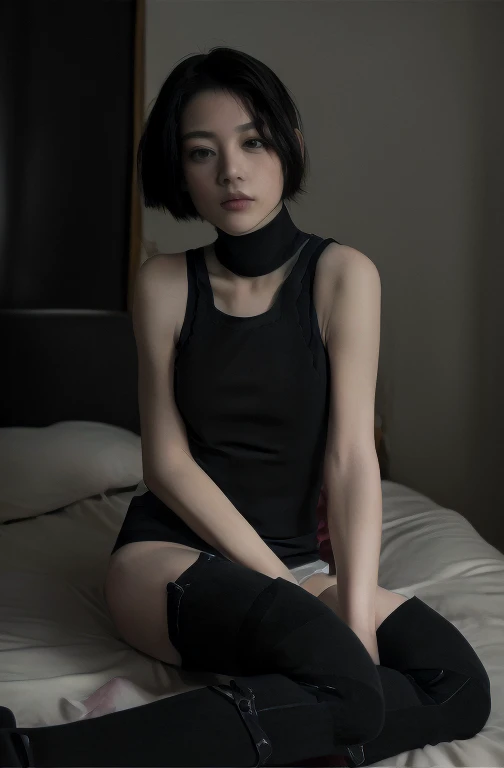((Top Quality, 8k, Masterpiece: 1.4)), japanese woman, ((very short cut, skinny:1.4)), ((30 years old:1,0)), ((looking at viewer:1.4)), inside bedroom, ((black kneehighs, black tank top:1.4)),