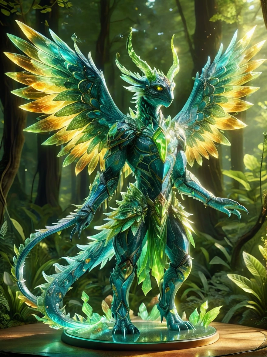 A creative depiction of a whimsical creature inspired by creatures from popular card-based games. The creature is entirely made up of glass, illuminating in the sunlight with a variety of colors reflecting off its surface. Its body resembles those of chimerical beasts, with elements of various animals combined. It has the wings of a bird, legs of a mammal, and a long tail which can possibly be seen as reptilian. As it glows, the glass creature stands majestically against a backdrop of a lush green forest, the shining beacon amidst nature's splendor.