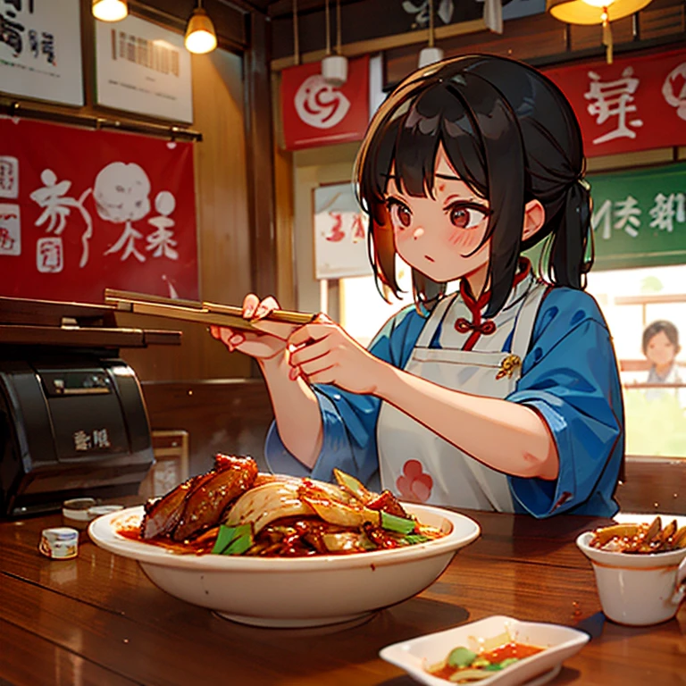 A girl making Zhajiang noodles at a Chinese food stall