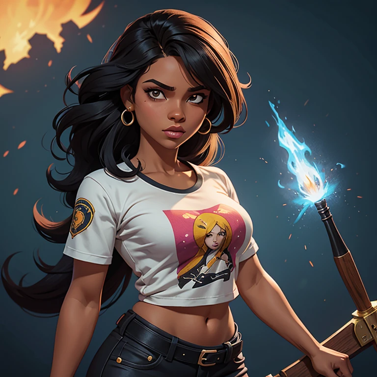 Personagem feminina estilo game free fire, garota negra cabelo castanhos escuro cacheado, 18 anos, blusa gola alta