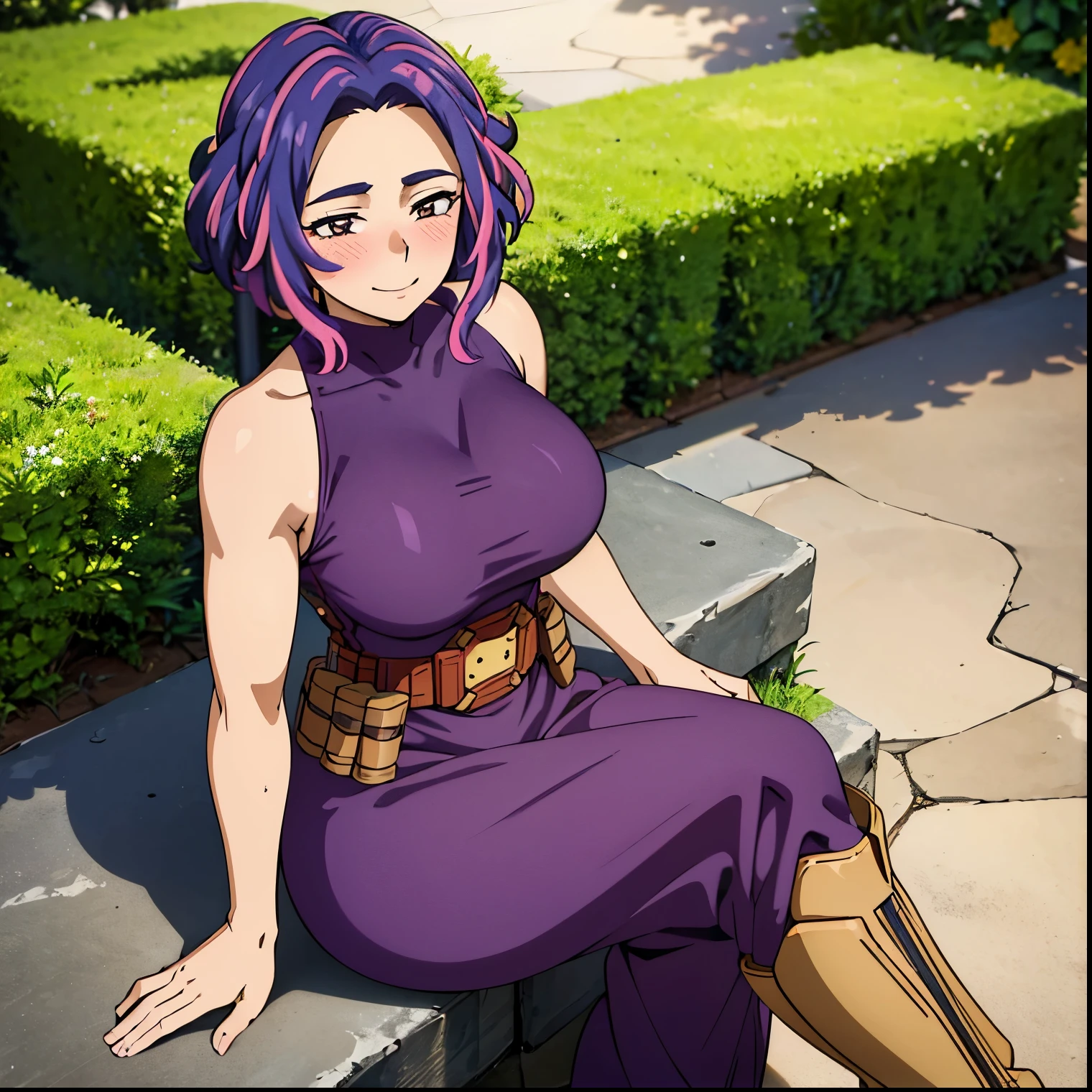 1girl, alone, lady nagant,(best quality, ultra detailed), ((full-face blush)), (detailed background:1.2), (perfect face, detailed face), looking at viewer, (mature female:1.4), smile lady_nagant, large breasts, short hair, sleeveless, streaked hair, bare shoulders, medium hair, belt, dress, purple hair,multicolored hair ,boots (garden, outdoors, sitting), perfect hands, perfect anatomy