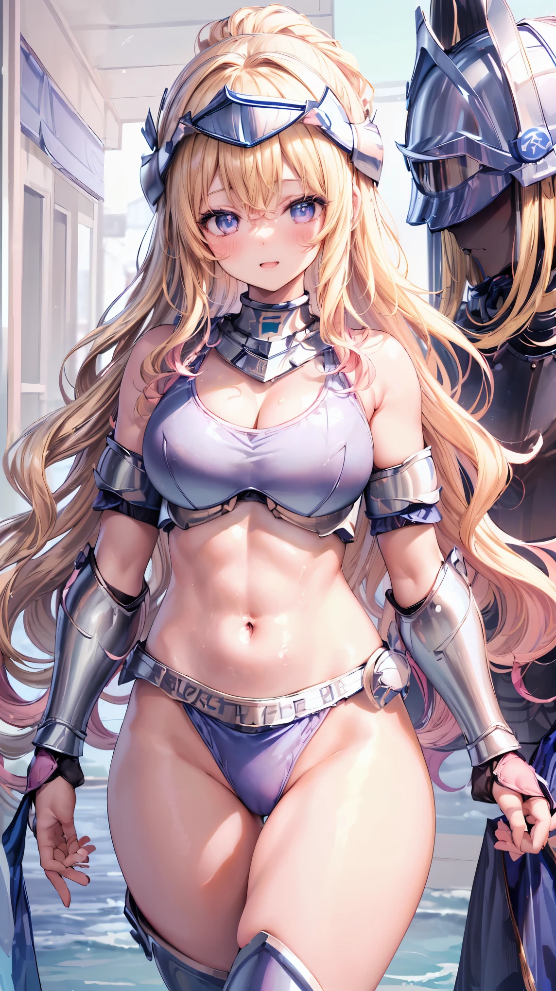 Very detailed、highest quality、Best image quality、masterpiece、8k、Anime Face、A kind smile、Open your mouth、Sparkling blue eyes、(Blonde wavy hair:1.5)、、Muscles of the whole body、camisole、Thigh belt、mini skirt、(Wearing pink bikini armor:1.5)、(Cowboy Shot:1.5)、(Leg armor:1.5)、(Wearing a helmet:1.5)