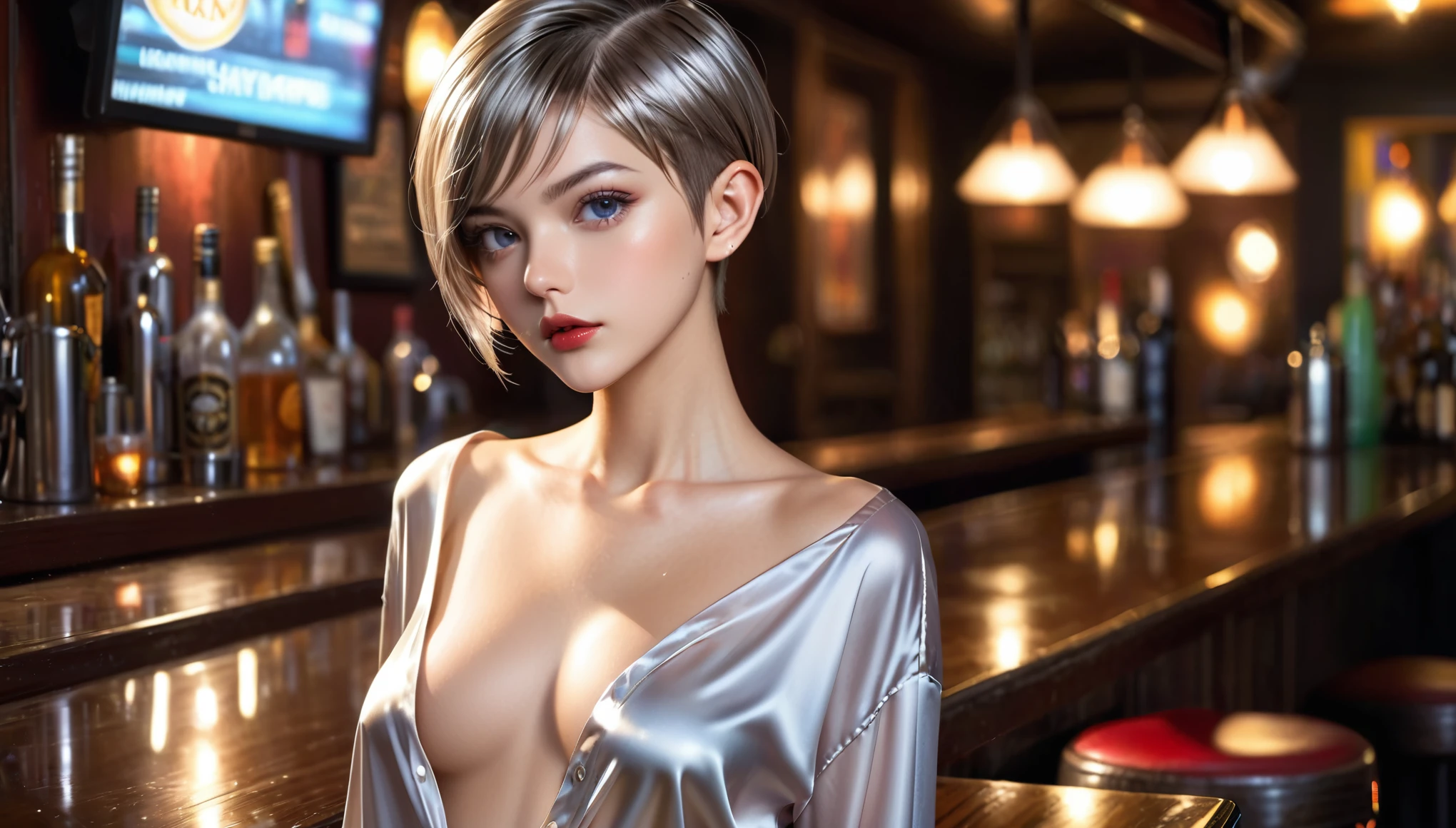 Top Quality, Masterpiece, High Resolution, 8k, full body view, (((skinny girl, oversized shiny satin shirt,  deep neckline, bare back, small perky breasts, beautiful detailed eyes, beautiful detailed lips, small closed mouth, extremely detailed face, pixie side shaved hair cut, small hips, at the bar)))