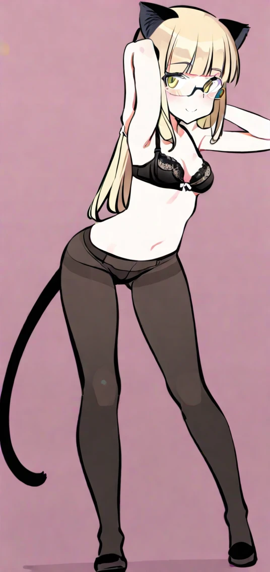 (8K, Best Quality, Ultra Detailliert, Highres, Absurdres, Perfect Anatomy:1.5, Masterpiece:1.5), (((Solo, 1 Cute Girl))), (((perrine h. clostermann, perrine clostermann))), (((Yellow Eyes))), (((Black Glasses:1.3))), (((Long Long Hair:1.4, Bangs, Blust Bangs, Blonde Hair))), (((Black Cat Ears, Black Cat Tail))), (Slender Body, Dwarf:0.7), (((Small Breasts:1.0 or Small Breasts:1.5))), ((Big Hips:1.1)), (Smile:0.8), (Evil Smile:0.4), (Blush:0.8), (((Black Lace Bra, Lace:1.6))), (((Brown Pantyhose, Panties Under Pantyhose, Black Lase Panties, Lace:1.6))), (Full Body), (Heart, <3), ((Arms Up)), ((Arms Up)), Sexy Pose, (((Spread Legs:1.2, Squatting:1.2))), ((Simple BackGround, Simple Colour BackGround)), (On All Fours:1.4),