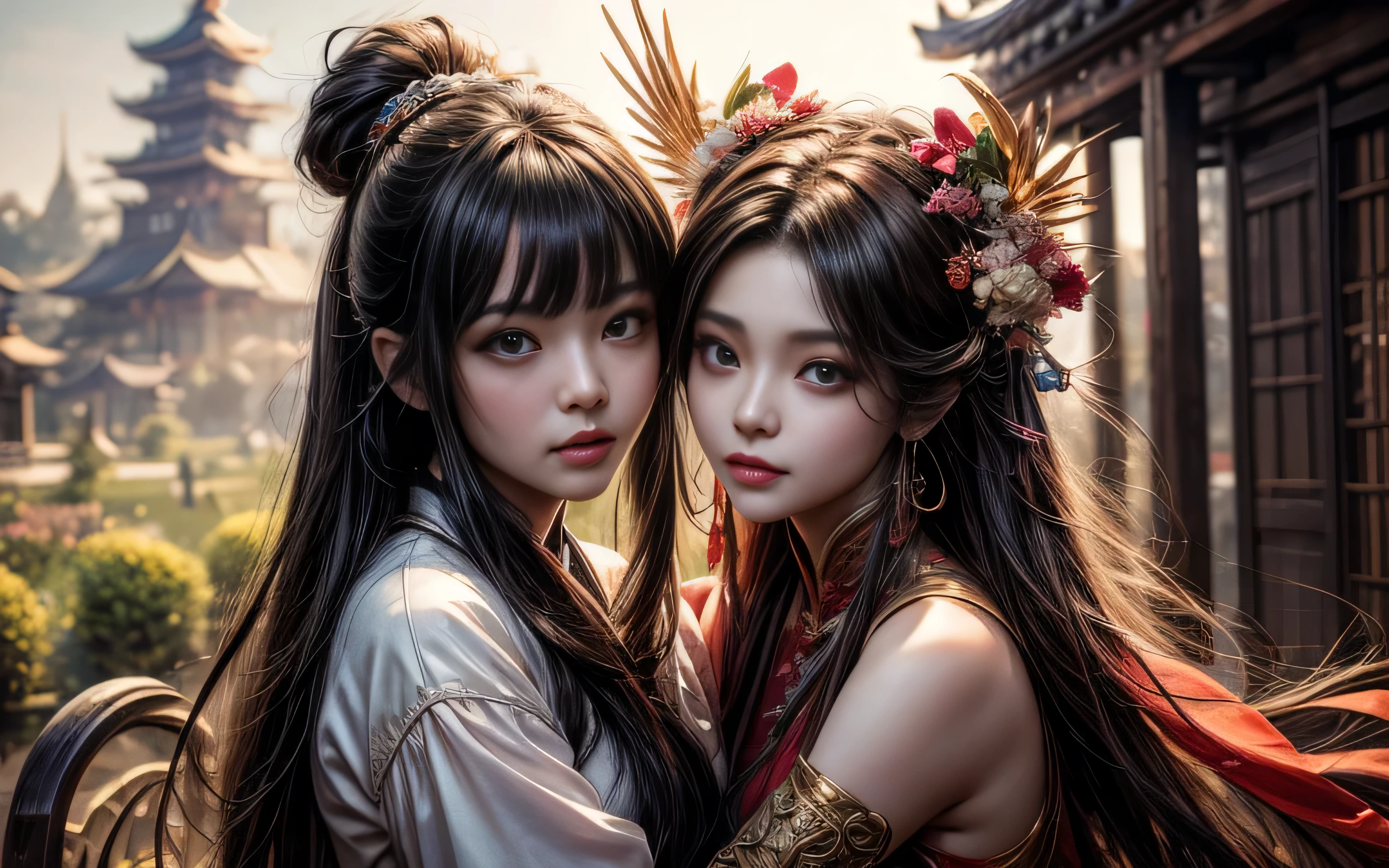 arafed image of a couple of asian woman and man hugging each other in Peach Garden, Peach Garden detailed background, xianxia fantasy, jingna zhang, game cg, wuxia, inspired by Chen Yifei, xianxia, xianxia hero, 2. 5 d cgi anime fantasy artwork, heise jinyao, chinese fantasy, beautiful render of tang dynasty, heise-lian yan fang, (perfect full face:1.5), (high detail:1.1), detailed character, detailed eyes, detailed hands, 4k best quality, 8k character details, high quality anime art, high quality illustration, detailed anime wallpapers, detailed anime art, hyper-realistic, elegant, high quality realistic anime art