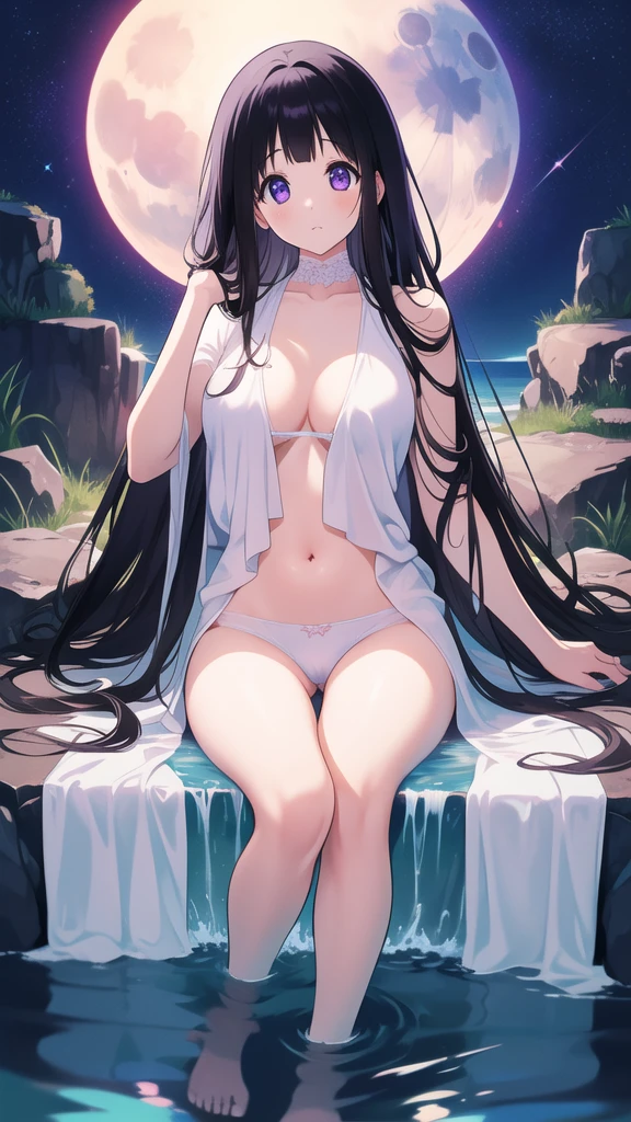 Amazing Chitanda, 只有一个beautiful girl,Purple Eyes, Black Hair, Naturally straight hair, Straight bangs,Extremely refined,open your lips,Face is so red,The skin is very white,big eyes,Long flowing hair,beautiful girl, Like a dream,Slim,Soft, (Sensual), (Kawaii), Dream quality,night,moonlight,Starlight,Bathe in the sea,There was a mist,soaking in water,Completely ,No clothes,Exposing breas immerse yourself in water,Water flowing through the body,No pants,Delicate clavicle,Delicate hands and feet,Bare neck,Bare thighs,Exposing the groin,Camel toe,Baarefoot,extremely shy,Ultra-high resolution, (masterpiece:1.2, best quality), (Delicate and beautiful eyes: 1.2), (Beautiful and delicate face)