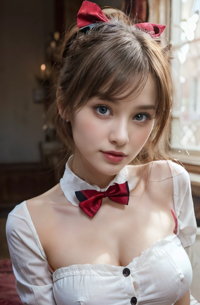 8k, Hi-res, HQ, masterpiece, photorealistic, in frame,A (close up:1.2) portrait of a girl wearing (white button shirt with red bow tie on neckline:1.2), seductive expression, alluring gaze, beautiful face, mesmerizing grey blue eyes, luscious lips, ponytail blond hair, erotic pose, sensual atmosphere, soft skin, exquisite details, captivating beauty, confidence, elegance and charm, all eyes on her, desirable, irresistible temptation, sultry mood, enticing allure, sizzling sensuality, enticing curves, feminine grace, teasingly erotic, captivating curves, naughty innocence, forbidden desire, unrestrained passion, creamy complexion, inviting gaze, bewitching smile, curvaceous silhouette, slender posture, skinny body, collarbone, perfect hand, playful imagination, intimate moment, photon mapping, natural lighting, cool color, aesthetic, unique, facing forward, head only