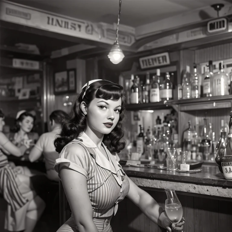 arafed woman in pinup dress sitting in einer Bar with a glass of wine, Betty Seite, Fotografie der 1940er Jahre, Betty Seite fringe, in einer Bar, at a 5 0 s diner, in a bar, in classic diner, Fotografie der 1940er Jahre, in a classic 5 0 s diner, von Bob Ringwood