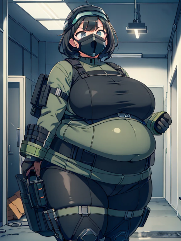 Massively obese black tactical soldier girl, fat rolls, short black hair, (obese belly):1.4, (obese thighs):1.4, bbw, wide hips, action, air tank, armored bodysuit, large ass, ussbbw, (soldier helmet):1.3, gas mask, extremely chubby,  BREAK metal walls, facility, hallways, factory, sheet metal, abandoned, vent, toxic gas, green mist, green, poison