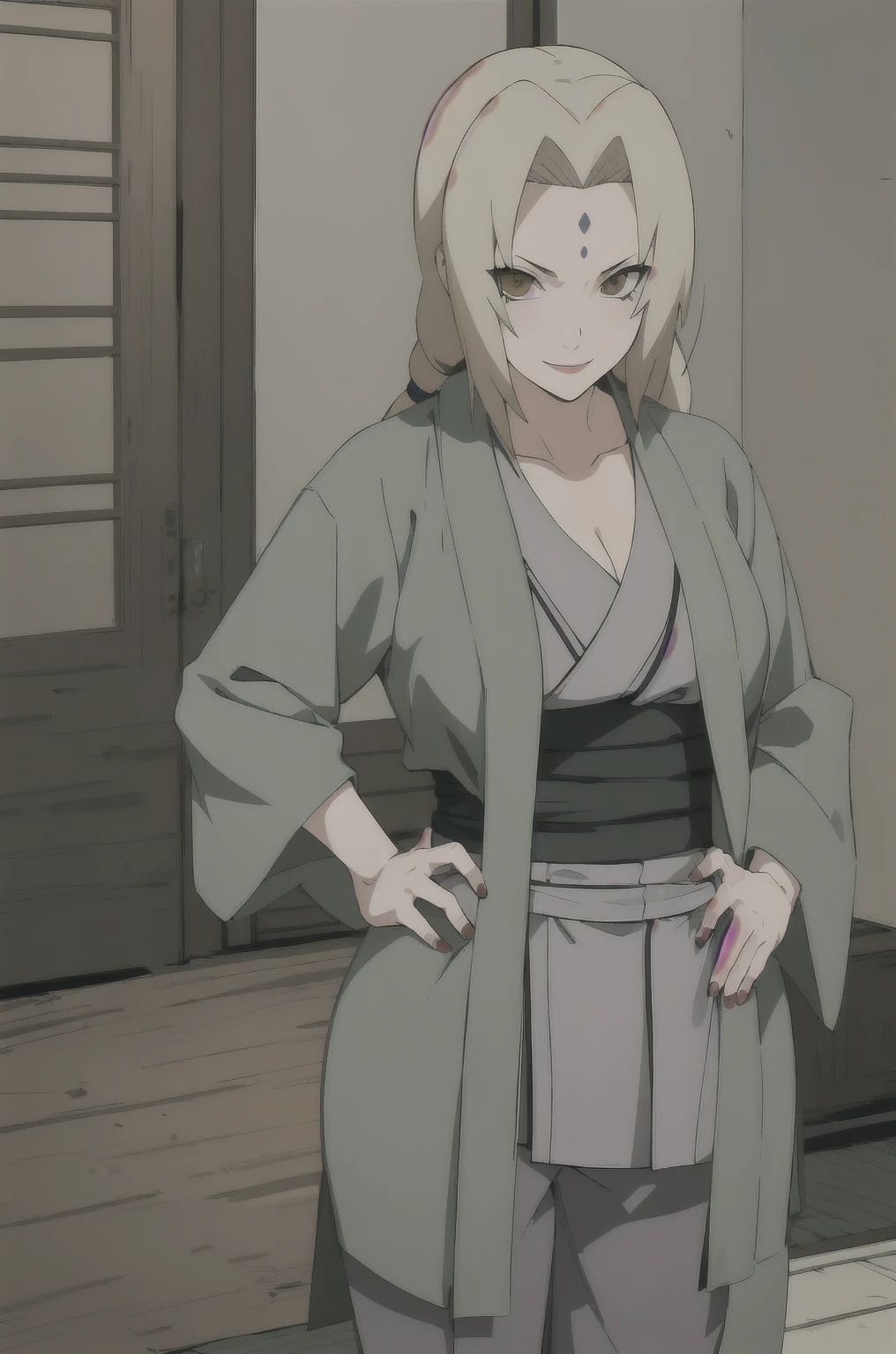 (masterpiece, highest quality:1.2), alone, One girl, Tsunade Def, Forehead mark, smile, View your viewers, Hands on hips, kimono, Green haori, Gray kimono, sash, pants 