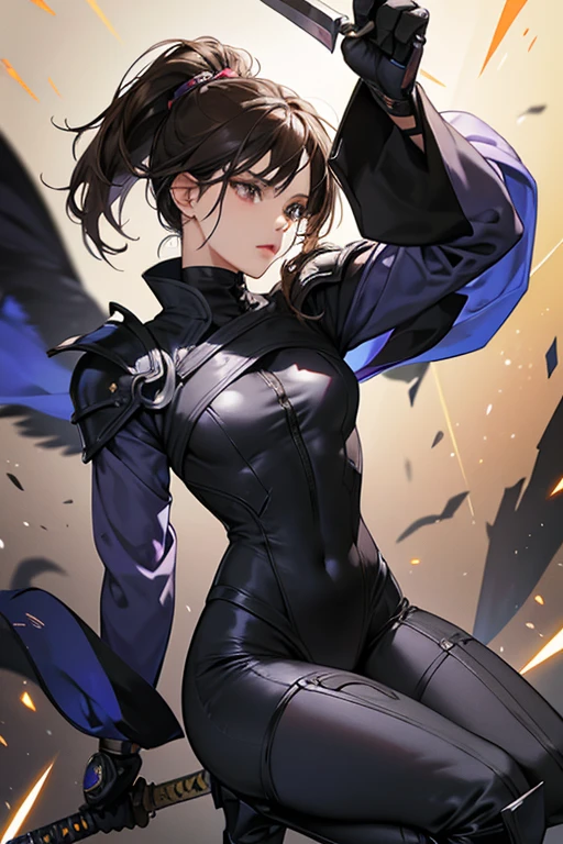 Master Raven is a woman with brown eyes and brown skin.She wears a dark grey-colored bodysuit. Her attire is covered by pauldrons, gauntlets, a face plate, greaves, a flat blue muffler, and a ninja sword that she utilizes in battle. Her other alternative outfits exclusive to her include a skintight bodysuit that seems to have technological enhancements and her business suit that includes a tie and heels. SPARKLE; GLITTER