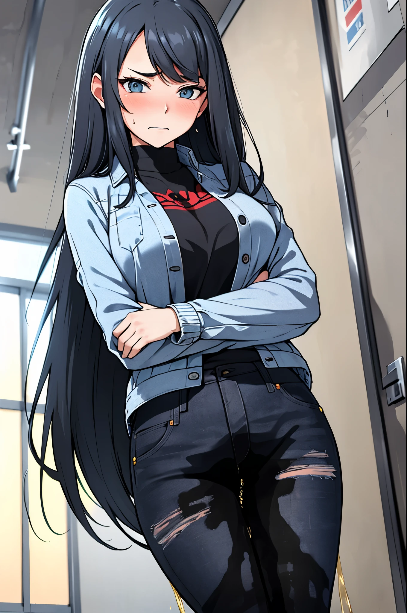 A woman with very long black hair and (very long bangs:1.5), wearing a stylish jacket and tight jeans, standing. The artwork is inspired by manga and incorporates a doujin style. The woman appears to be (wetting herself:1.5), which causes her to feel embarrassed and humiliated, resulting in a blush on her face. In addition, there is an air of anger in her expression. The lighting in the scene is moody, with a spotlight highlighting the woman's figure. She is crossing her arms, (arms crossed:1.5), fully showcasing her jeans., medium breasts
