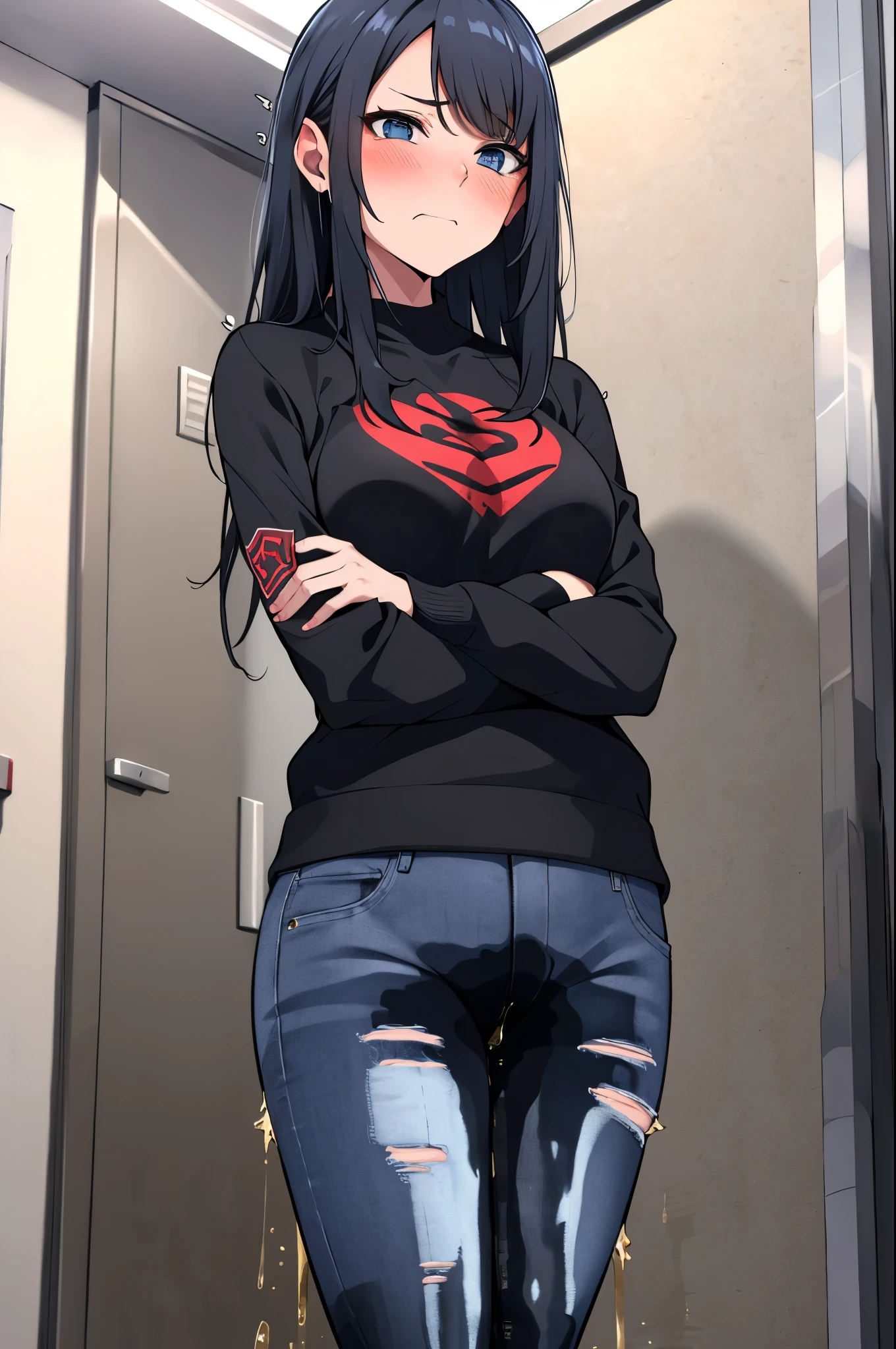 A woman with very long black hair and (very long bangs:1.5), wearing a stylish jacket and tight jeans, standing. The artwork is inspired by manga and incorporates a doujin style. The woman appears to be (wetting herself:1.5), which causes her to feel embarrassed and humiliated, resulting in a blush on her face. In addition, there is an air of anger in her expression. The lighting in the scene is moody, with a spotlight highlighting the woman's figure. She is crossing her arms, (arms crossed:1.5), fully showcasing her jeans., large breasts