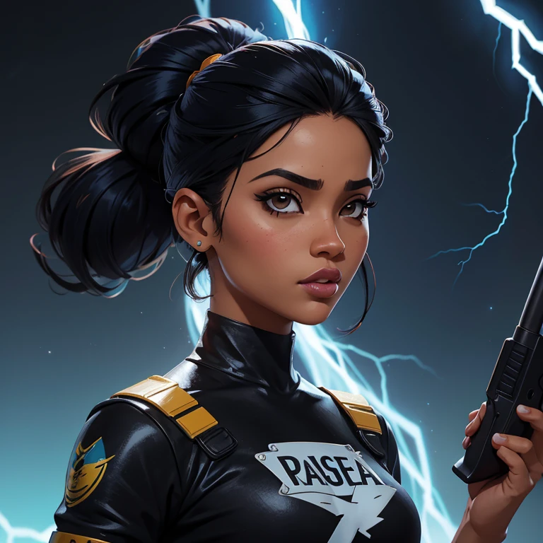 Personagem feminina estilo game (free fire)), mulher arafed (Asian African American)), Com os cabelos cacheados pretos, E uma blusa preta de manga comprida gola alta escrito (GIRLENE)), Imagem da webcam,She is facing the camera looking to the side, Background with black and blue lightning