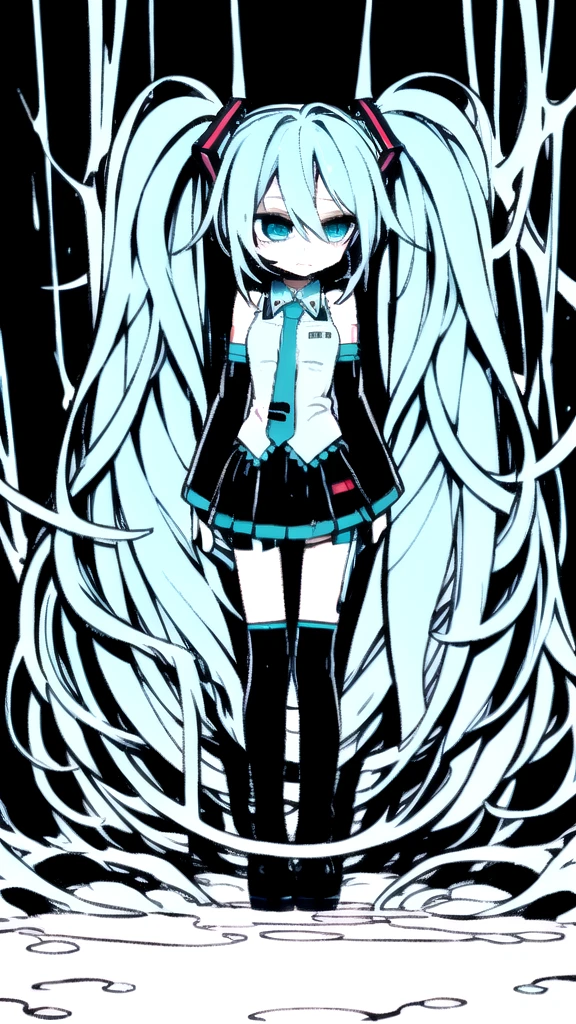 best quality, chibi, 1 girl,  miku, Hatsune Miku, (full body), Pure white background,Vivid,clearly,sad face,rain