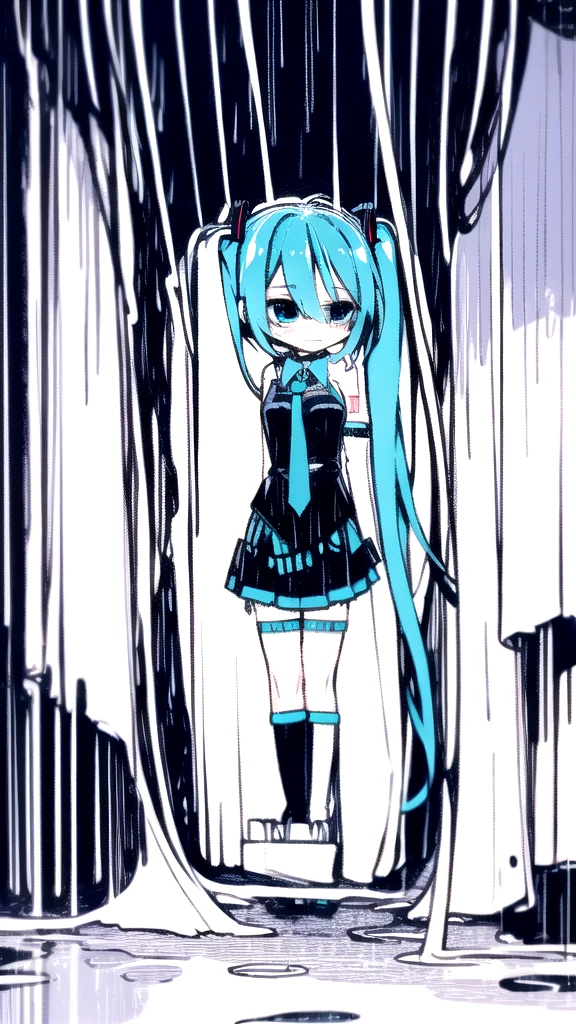 best quality, chibi, 1 girl,  miku, Hatsune Miku, (full body), Pure white background,Vivid,clearly,sad face,rain