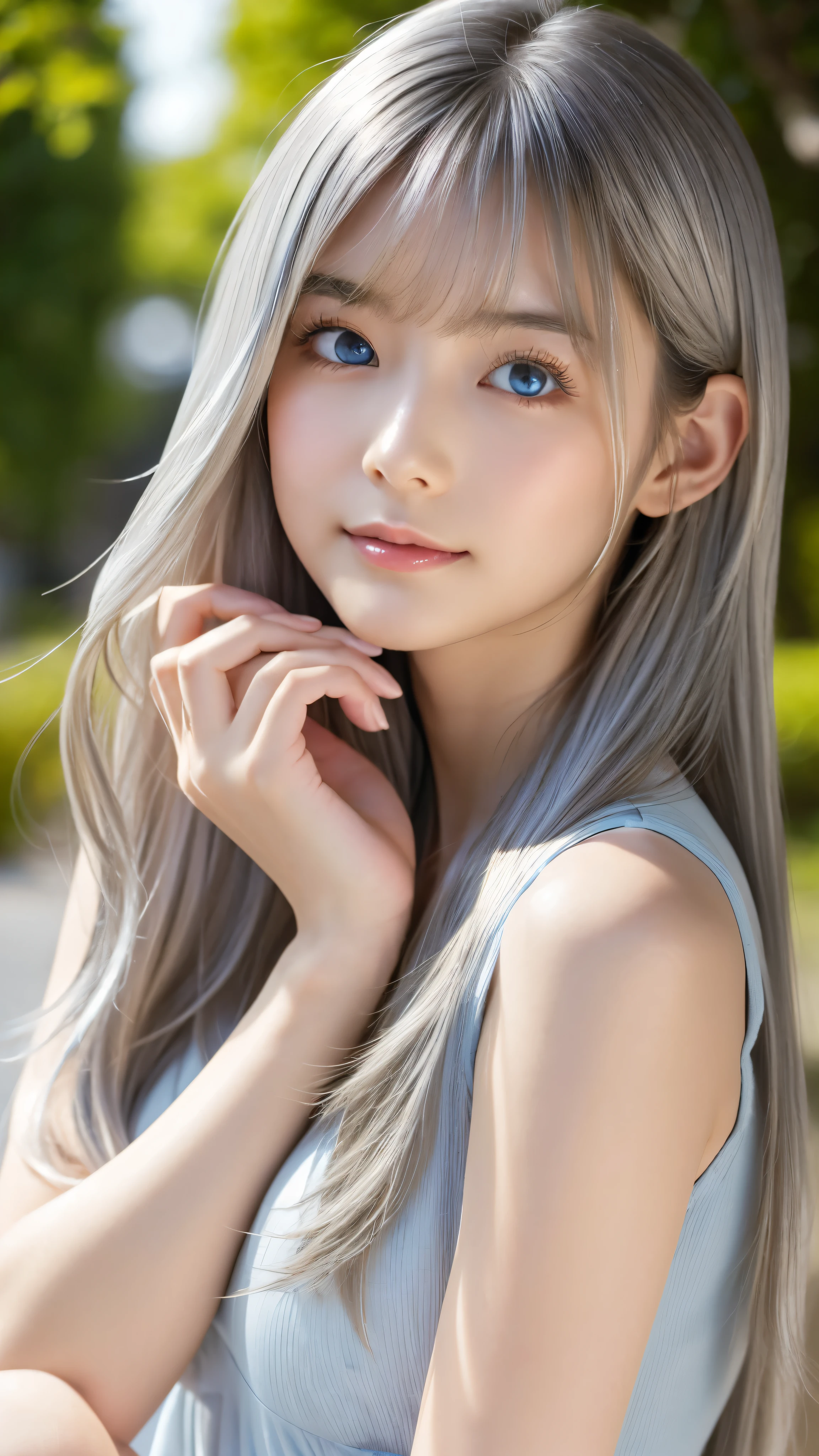 Shining, clear, white skin、Her windblown silver hair hides her beautiful face.、huge、Sexy beautiful face of 28 years old、Beautiful straight hair that stands out、growing up, Sparkling light blue eyes、Sexy long silky bangs covering the eyes, Sexy young woman with super long hair hiding her sexy face、Shining silver hair、(((Sexy Woman)))、The cleavage is visible